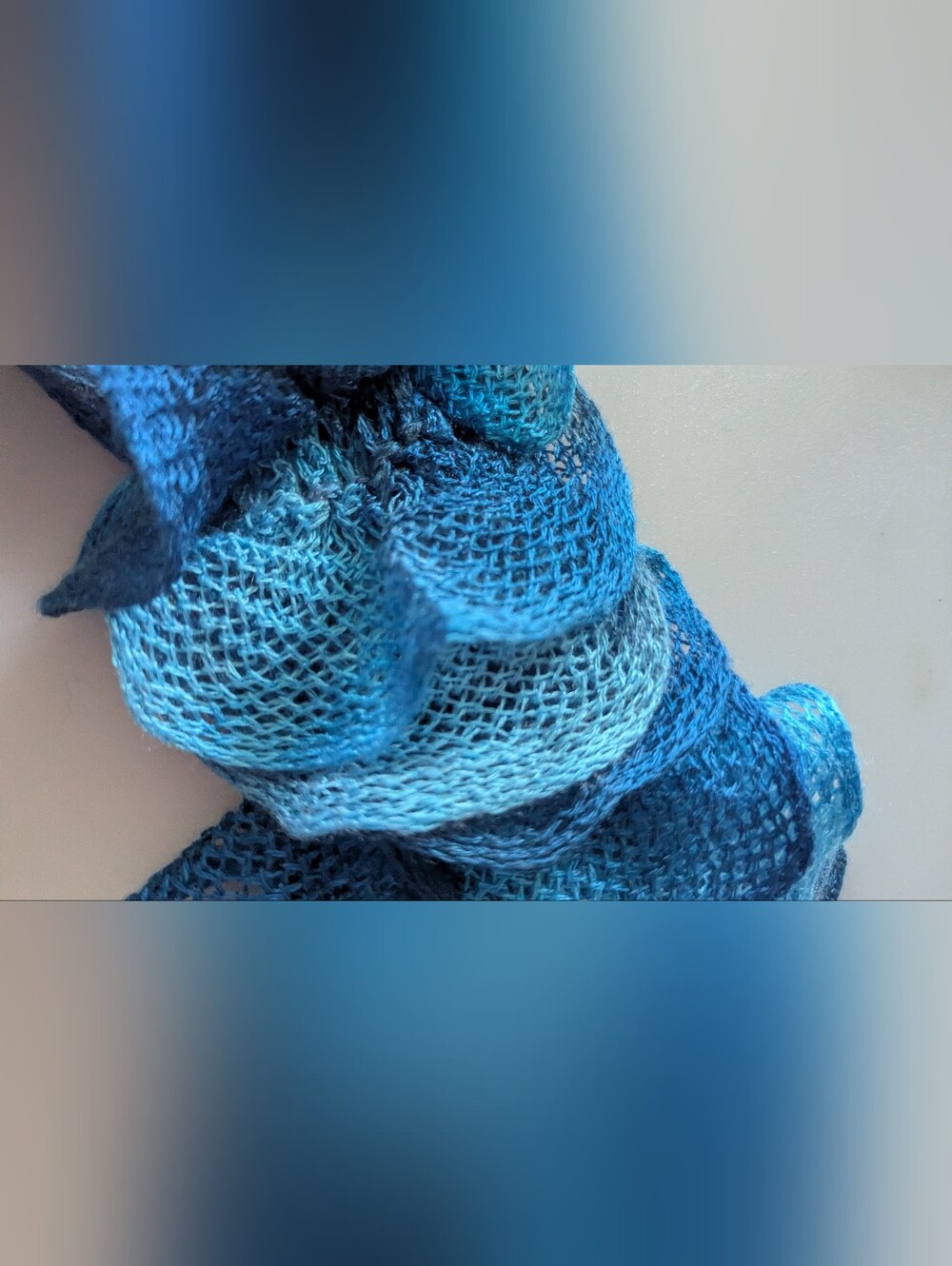 Multicolor Handmade Crocheted Fashion Ruffle Scarf Shades of Blue Teal 60" Long - Picture 6 of 14
